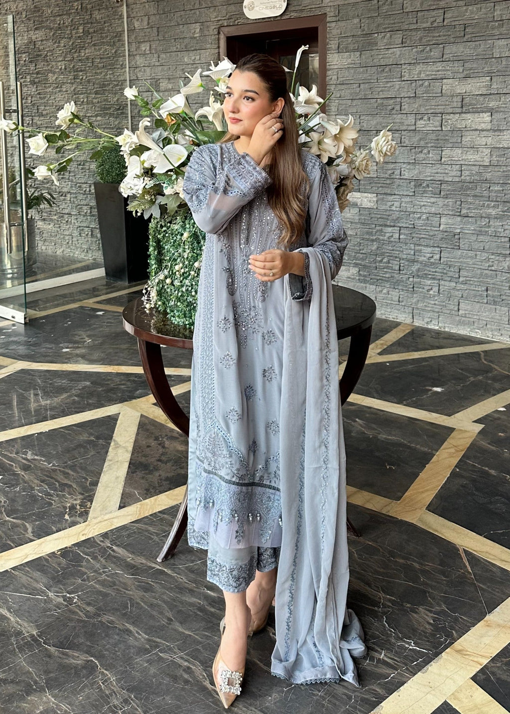 Pehnawa By Bin Akram’s Grey Mist Pret | Chiffon Kurta set Women 3pcs