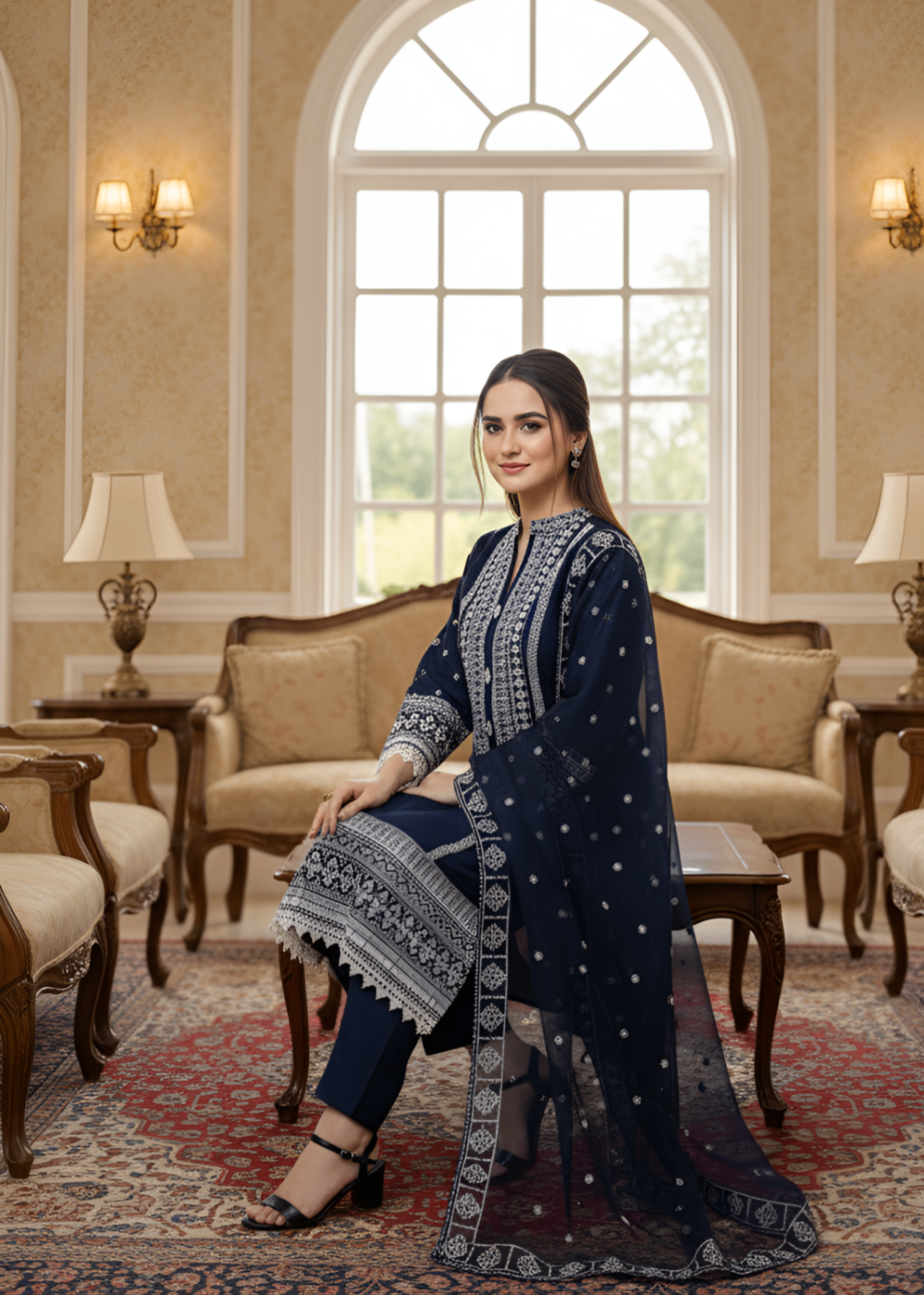 MMG Garments GUL E KHADDAR| EMBROIDERED KURTA SET DARK BLUE MMG 787 Women 3pcs