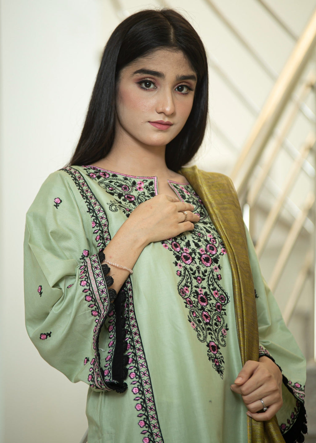 Hayati Collections Pure Cotton |Embroidery with Delicate Bead Detailing | Pista Green Women 3pcs