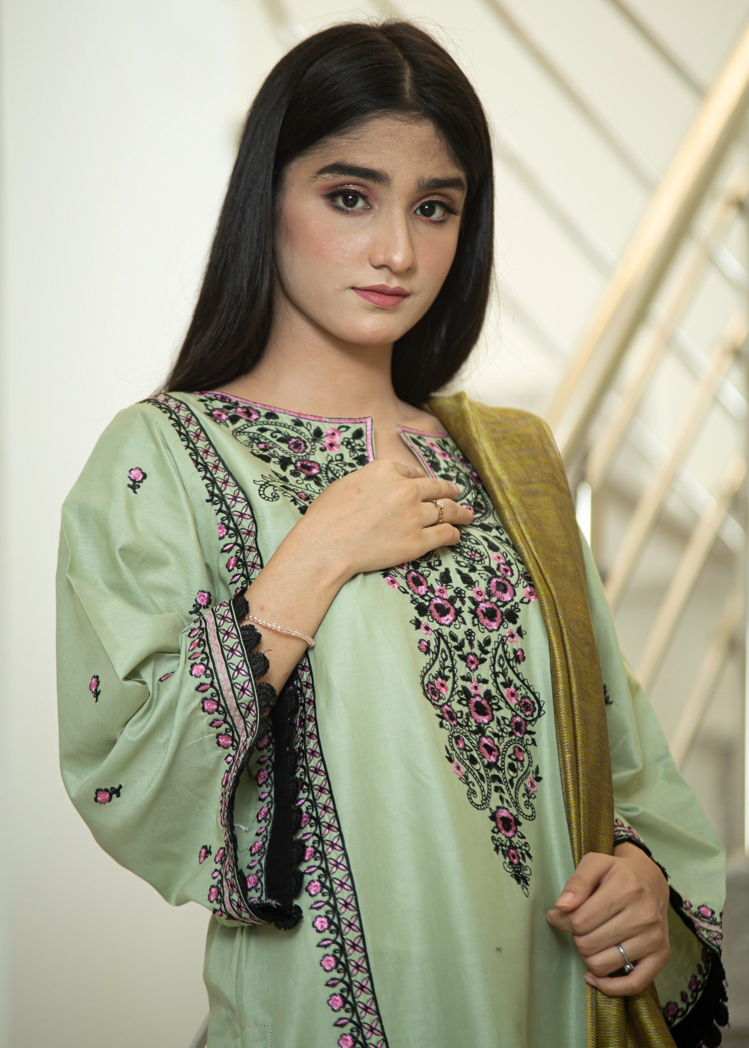 Hayati Collections Pure Cotton |Embroidery with Delicate Bead Detailing | Pista Green Women 3pcs