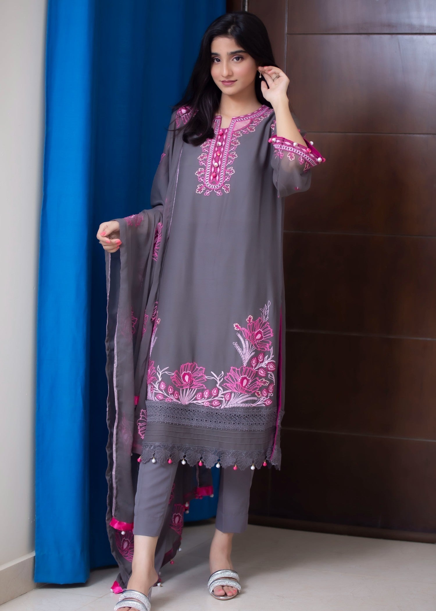Hayati Collections Chiffon | Embroidered Suit with Dupatta | Grey Women 3pcs