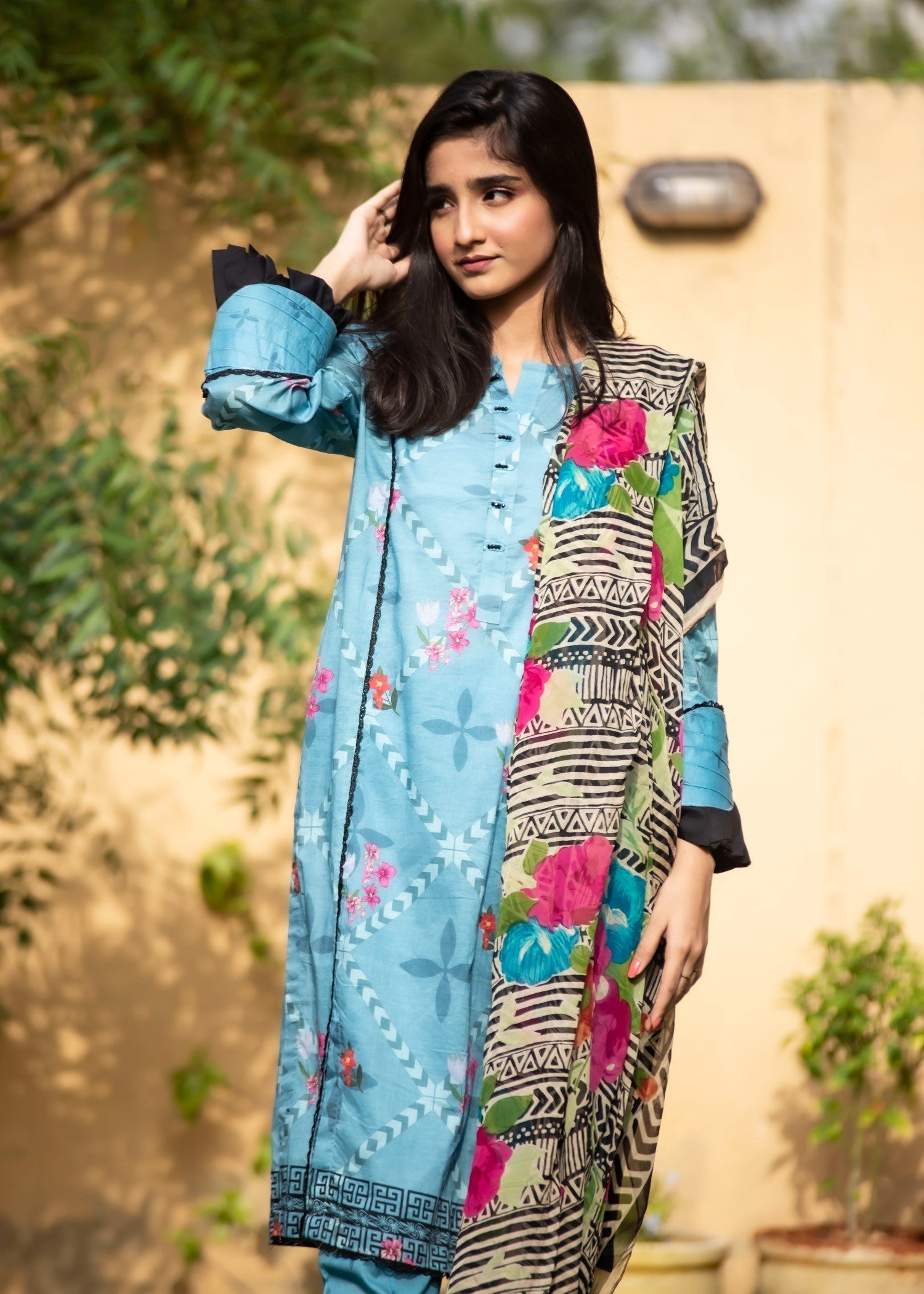 Hayati Collections Lawn | with Chiffon Dupatta | Blue Women 3pcs