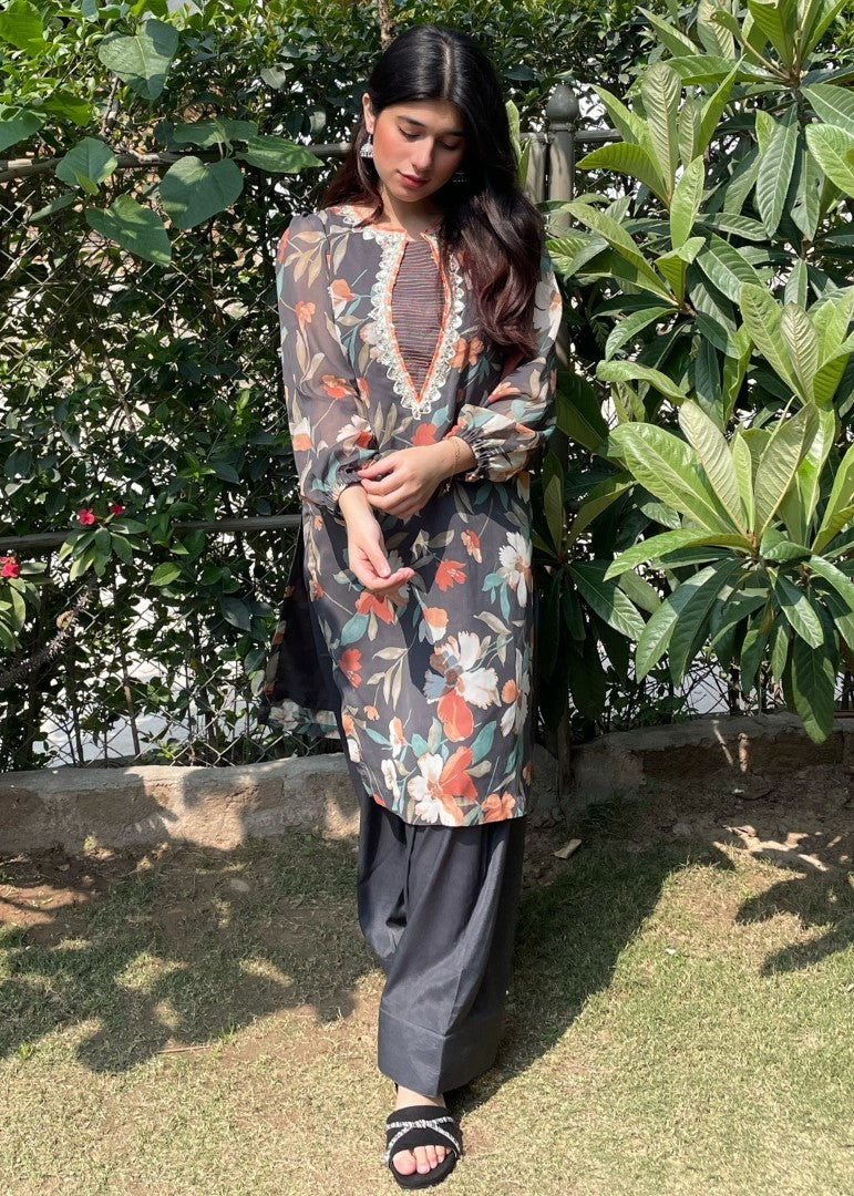 Haya'S Creation Printed Chiffon Dark Grey Dress Women 2pcs