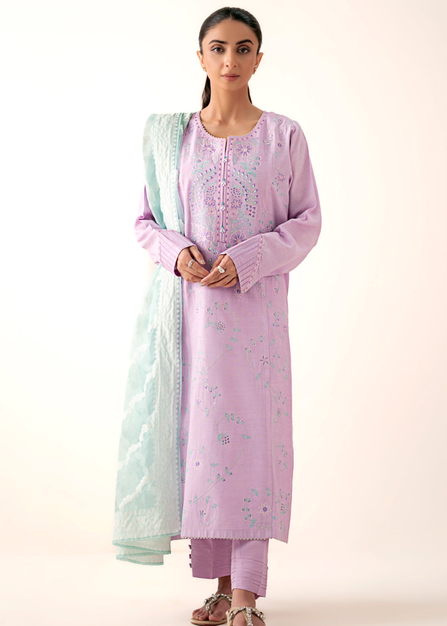 Zeen Stitched Embroidered Oak Silk Suit with Cotton Net Jacquard Dupatta WLM34301 Women 3pcs