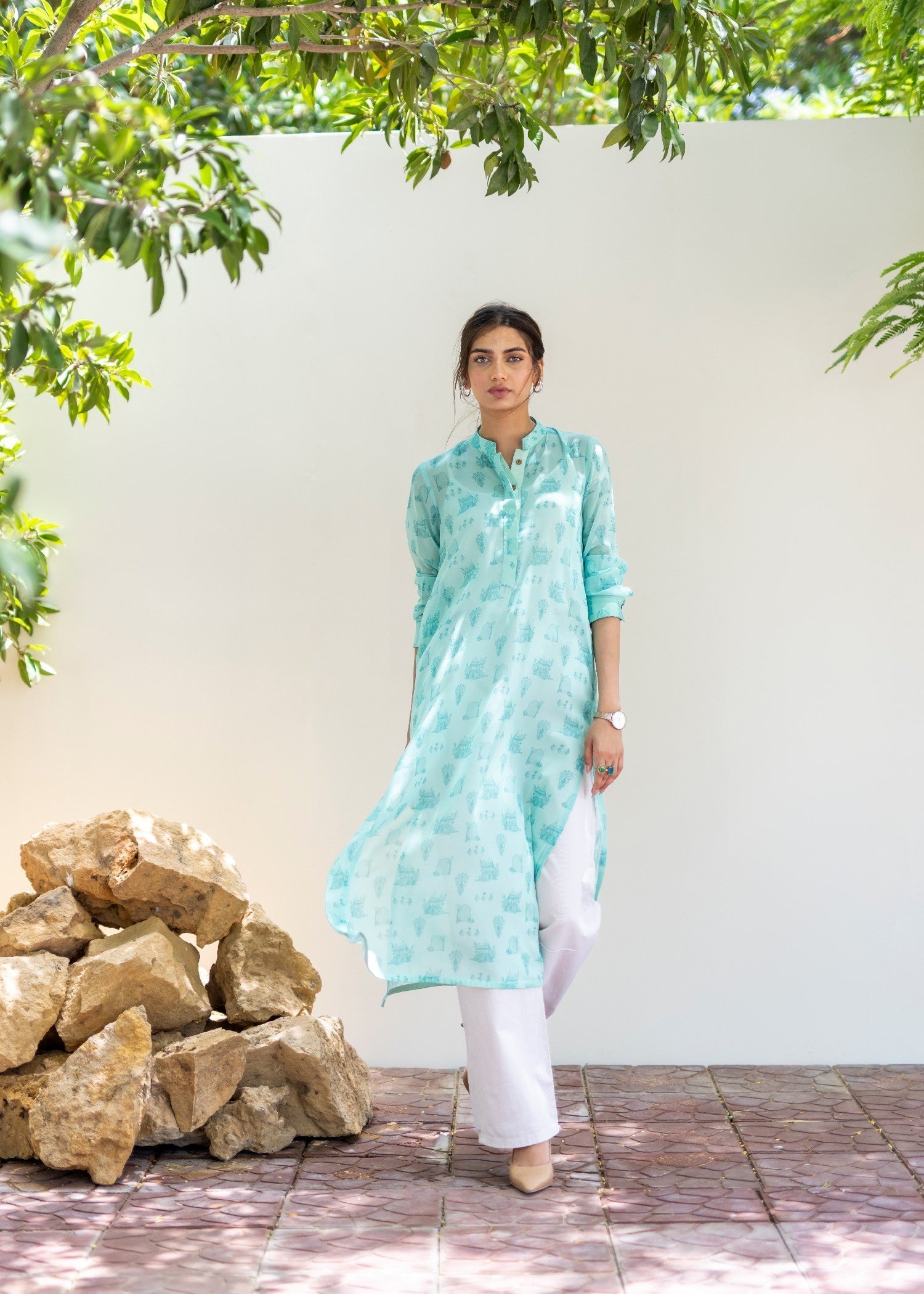 Daak & Co. Mughal Kurta Ice Blue (Shirt & Slip) Women 1pcs