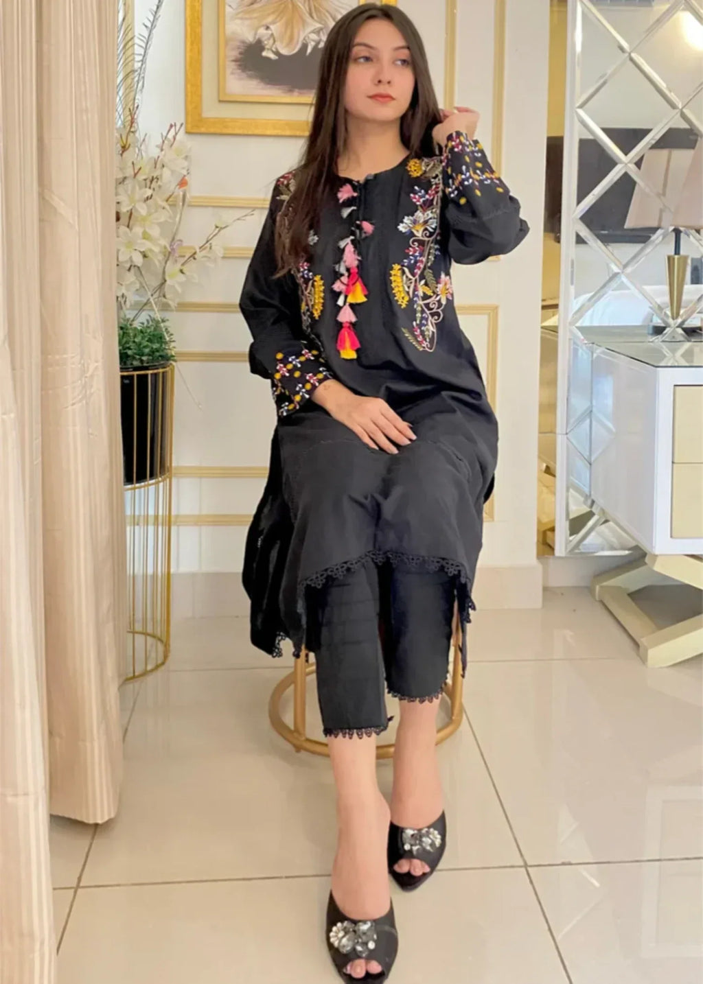 Urban Cut Embroidered Kurta Premium & Comfortable Black Women 1pcs