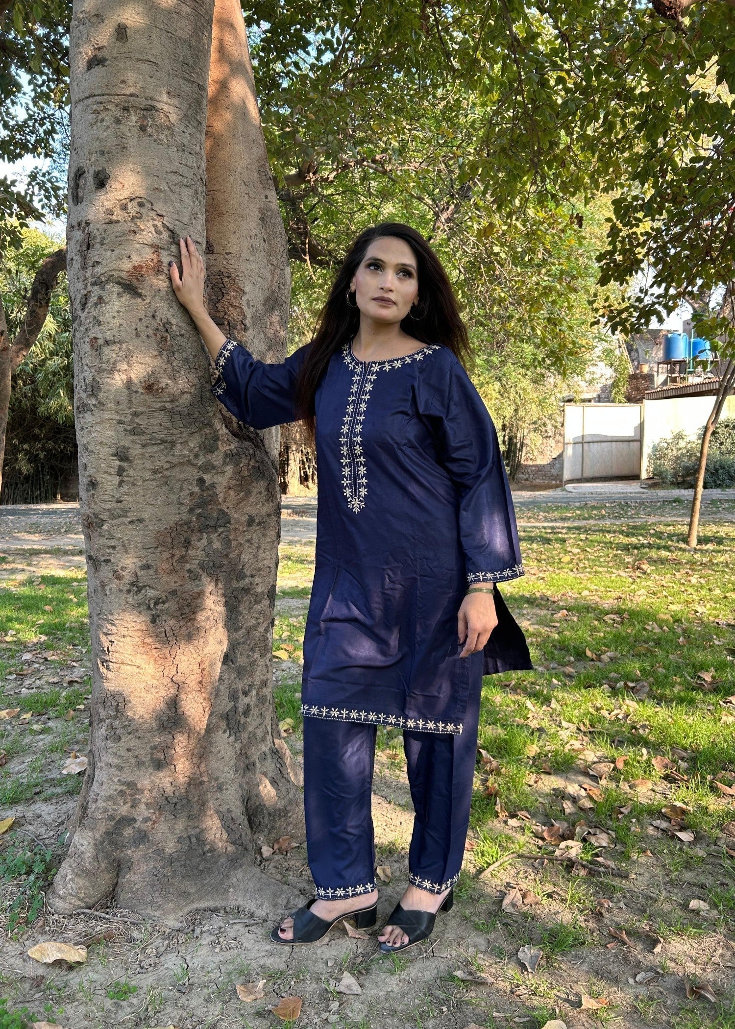 Sabahaats Casual Blue Linen Dress | Summer Embroidery Set Women 2pcs