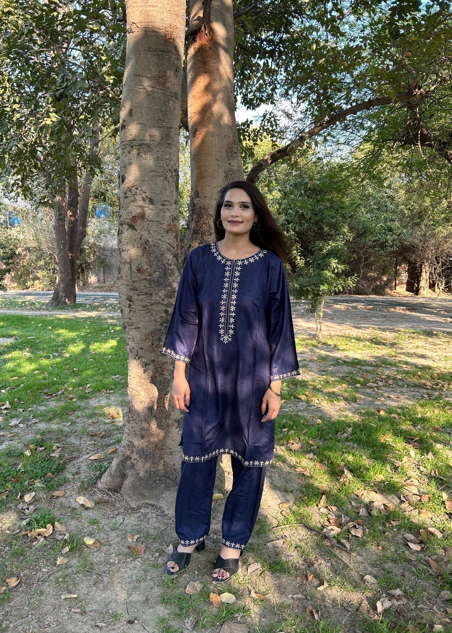 Sabahaats Casual Blue Linen Dress | Summer Embroidery Set Women 2pcs