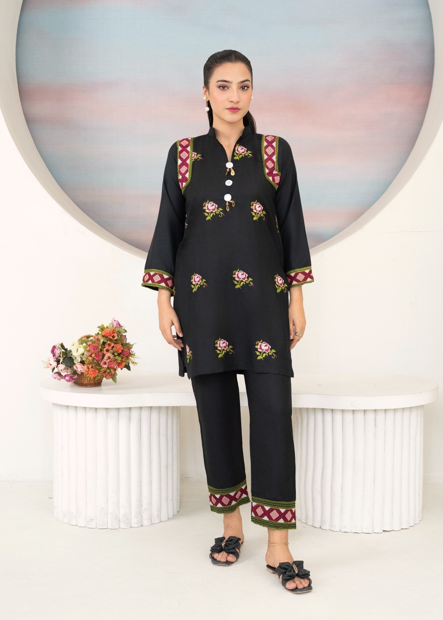 Shefoze Clothing Modern rose Embroidery Women 2pcs