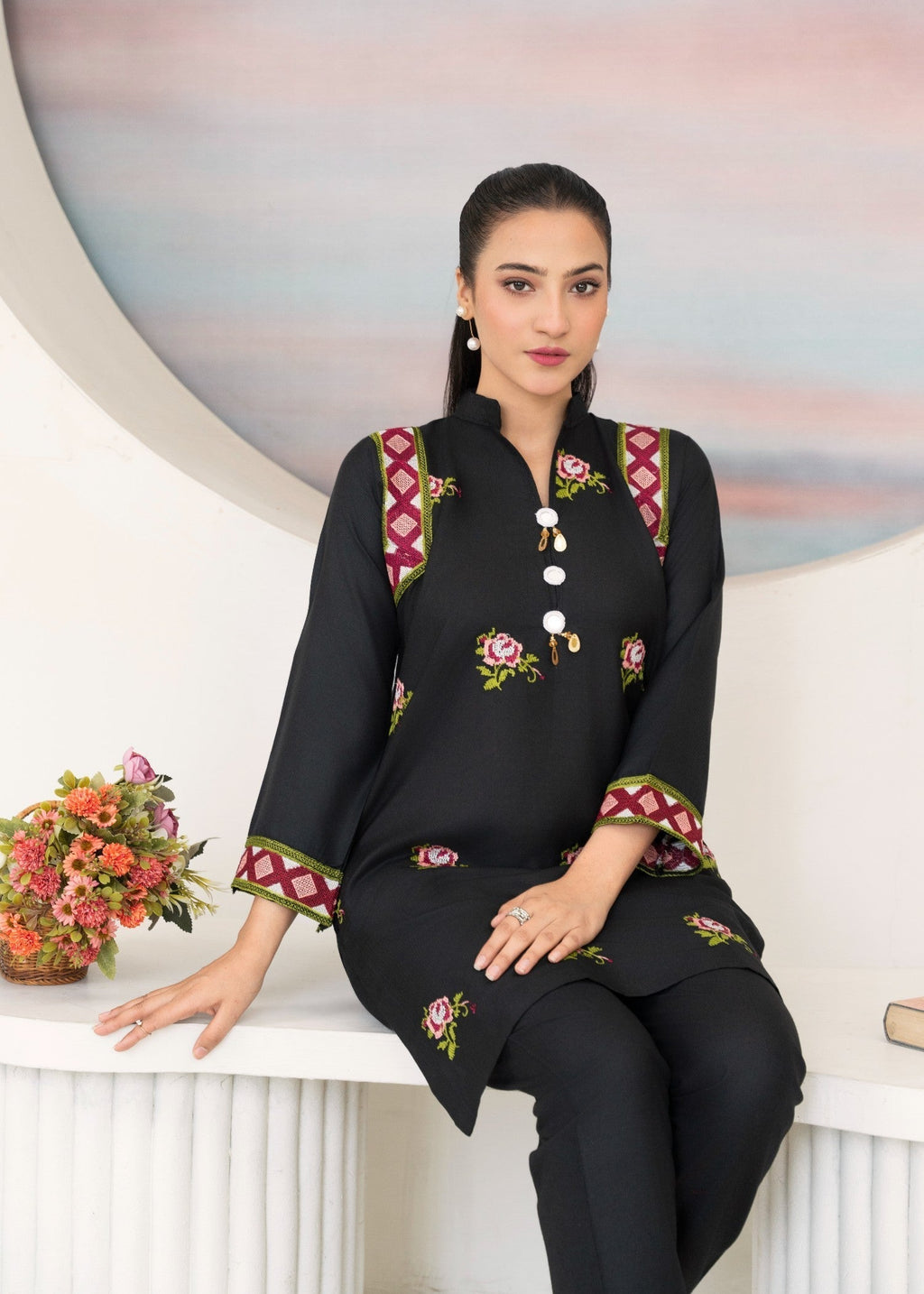 Shefoze Clothing Modern rose Embroidery Women 2pcs