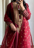 Haya'S Creation Embroidered Maroon Raw Silk Dress Women 3pcs