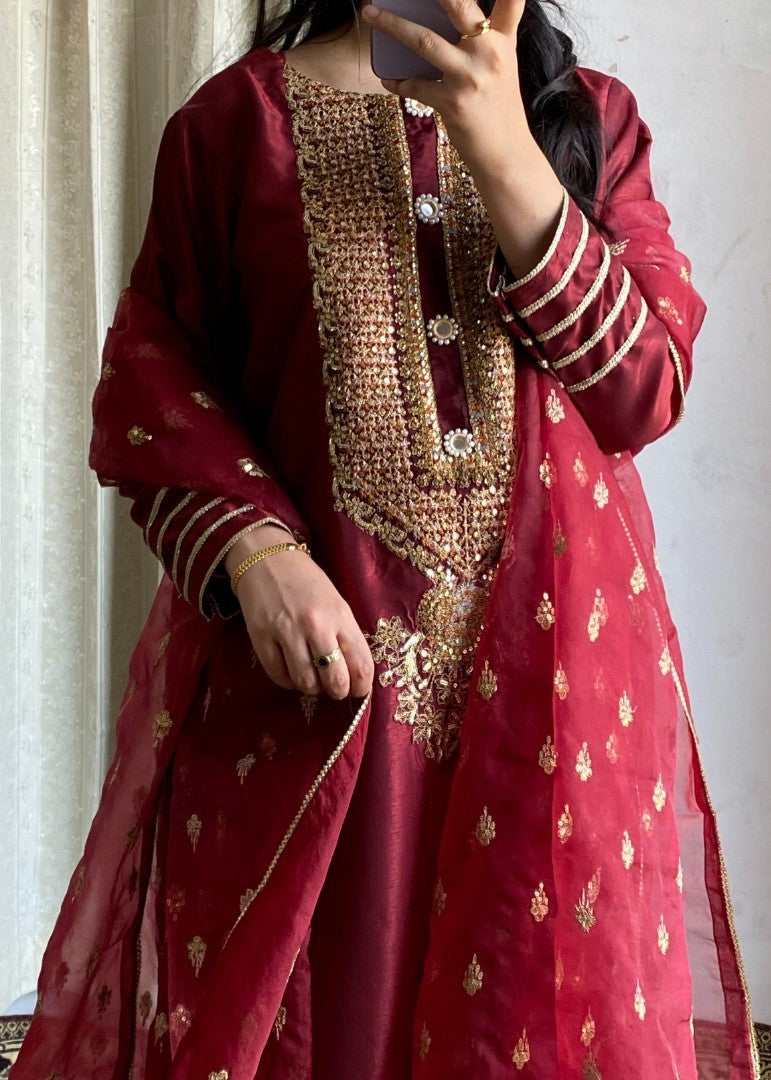 Haya'S Creation Embroidered Maroon Raw Silk Dress Women 3pcs