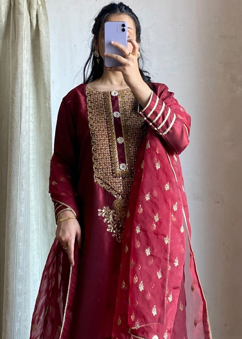 Haya'S Creation Embroidered Maroon Raw Silk Dress Women 3pcs