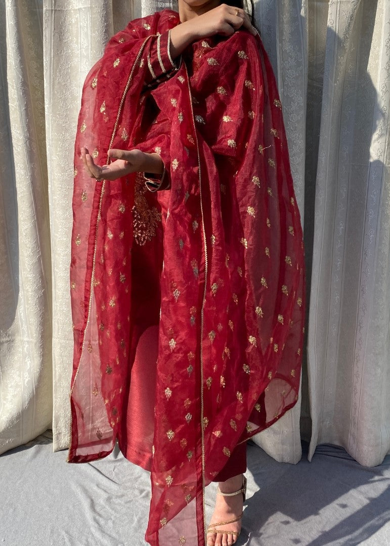 Haya'S Creation Embroidered Maroon Raw Silk Dress Women 3pcs