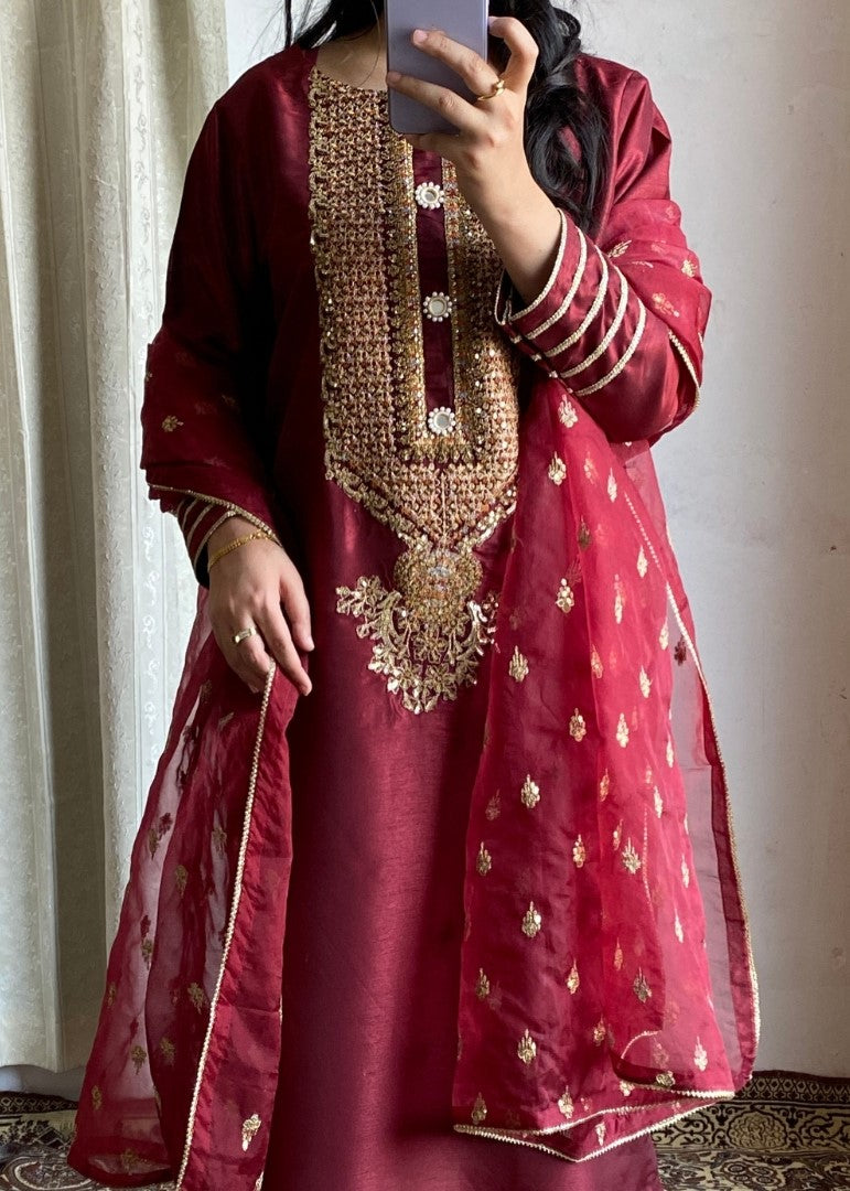 Haya'S Creation Embroidered Maroon Raw Silk Dress Women 3pcs