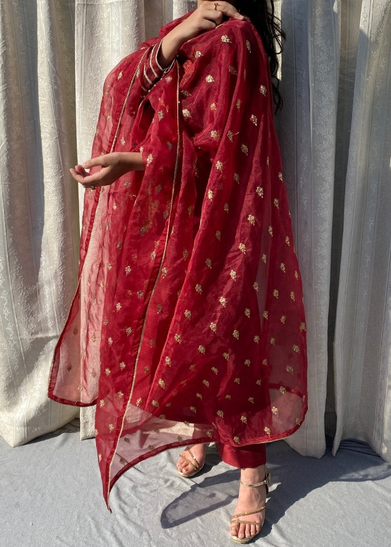 Haya'S Creation Embroidered Maroon Raw Silk Dress Women 3pcs
