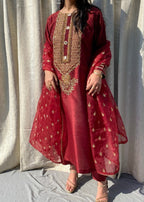 Haya'S Creation Embroidered Maroon Raw Silk Dress Women 3pcs