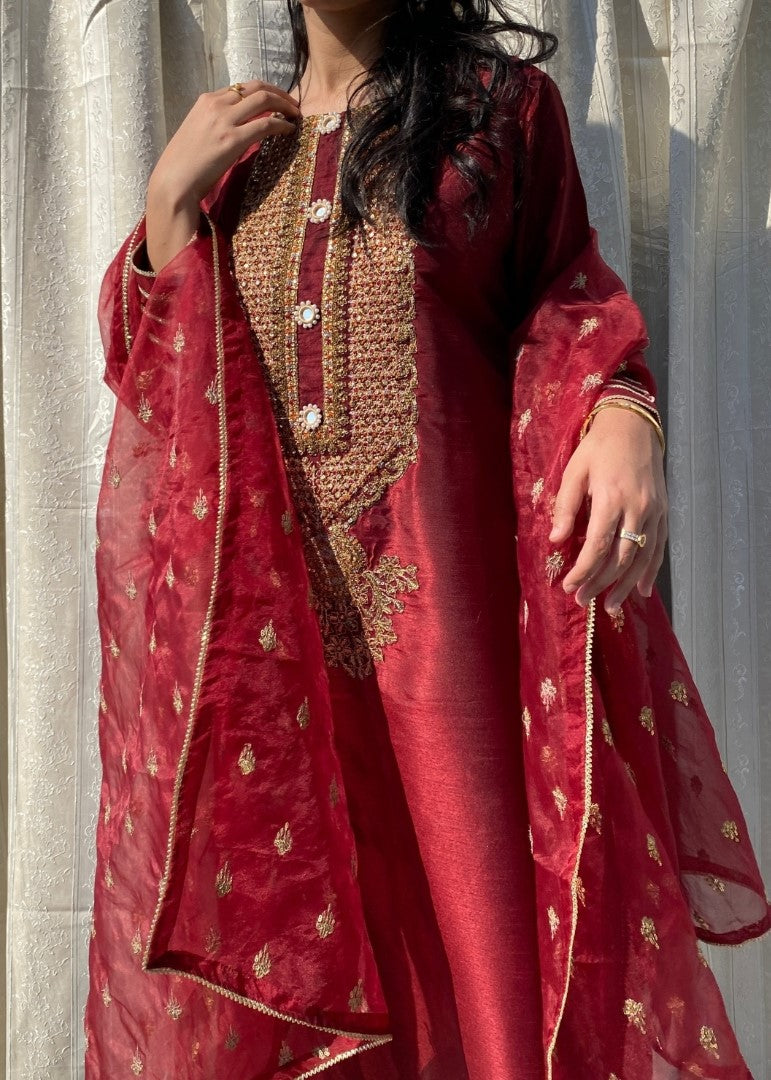 Haya'S Creation Embroidered Maroon Raw Silk Dress Women 3pcs