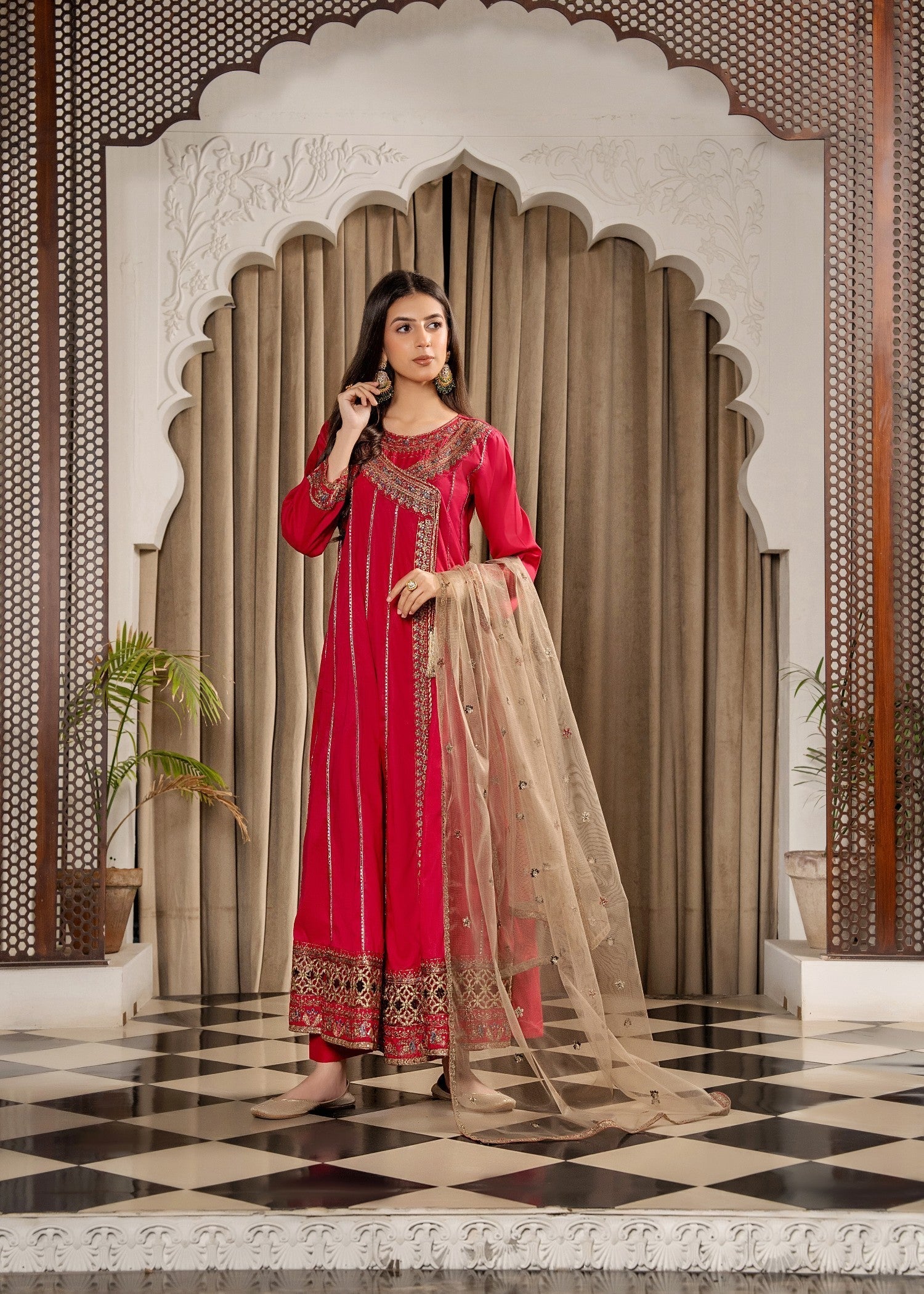 Khubsurat 3701 KH CT Hot Pink Embroidery Frock Angrakha Coton Women 3pcs