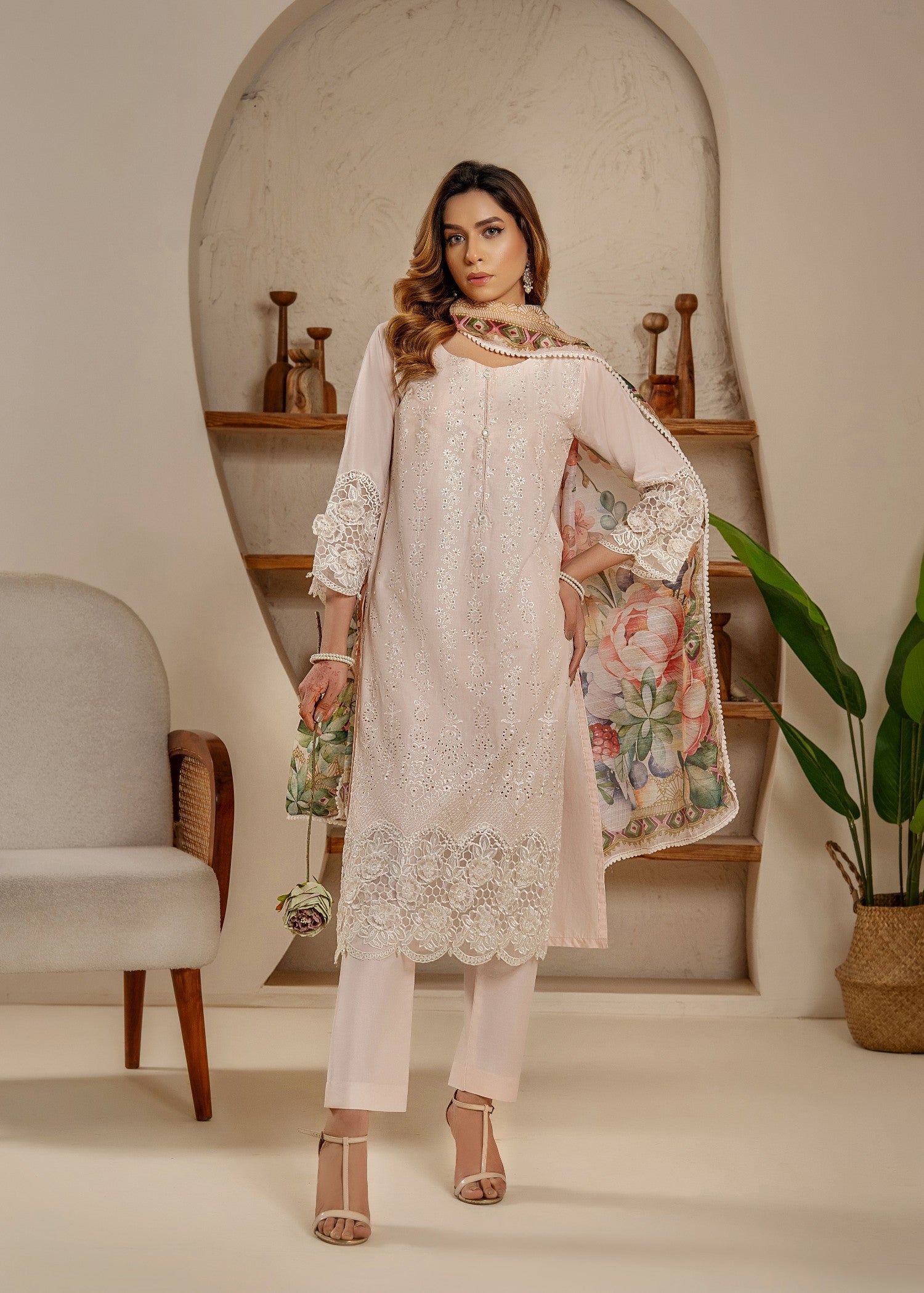 Khubsurat 3854 KH CT Peach Embroidery Long Shirt Coton Women 3pcs