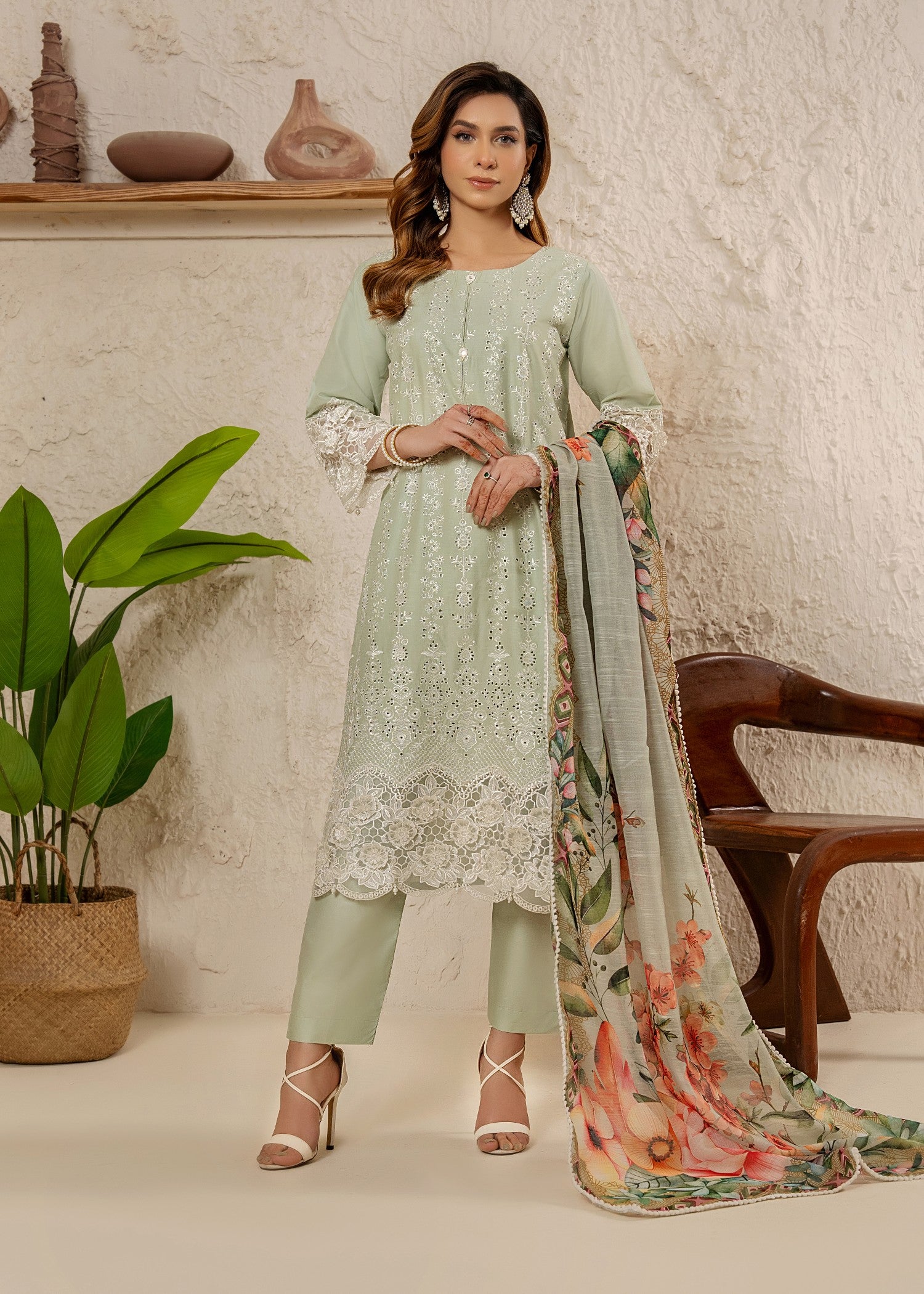 Khubsurat 3854 KH CT Pista Embroidery Long Shirt Coton Women 3pcs