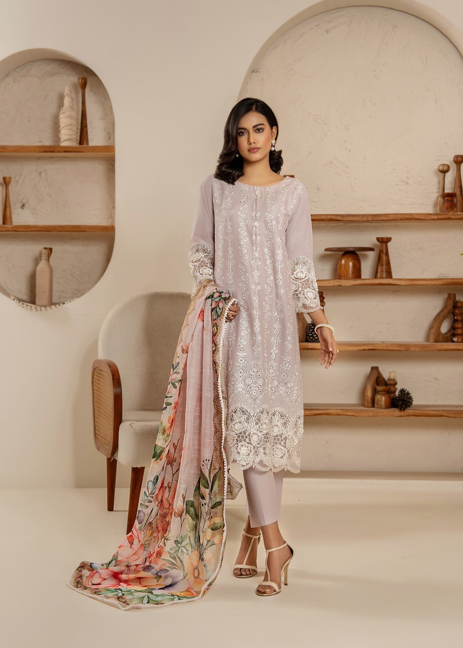Khubsurat 3854 KH CT Lilac Embroidery Long Shirt Coton Women 3pcs