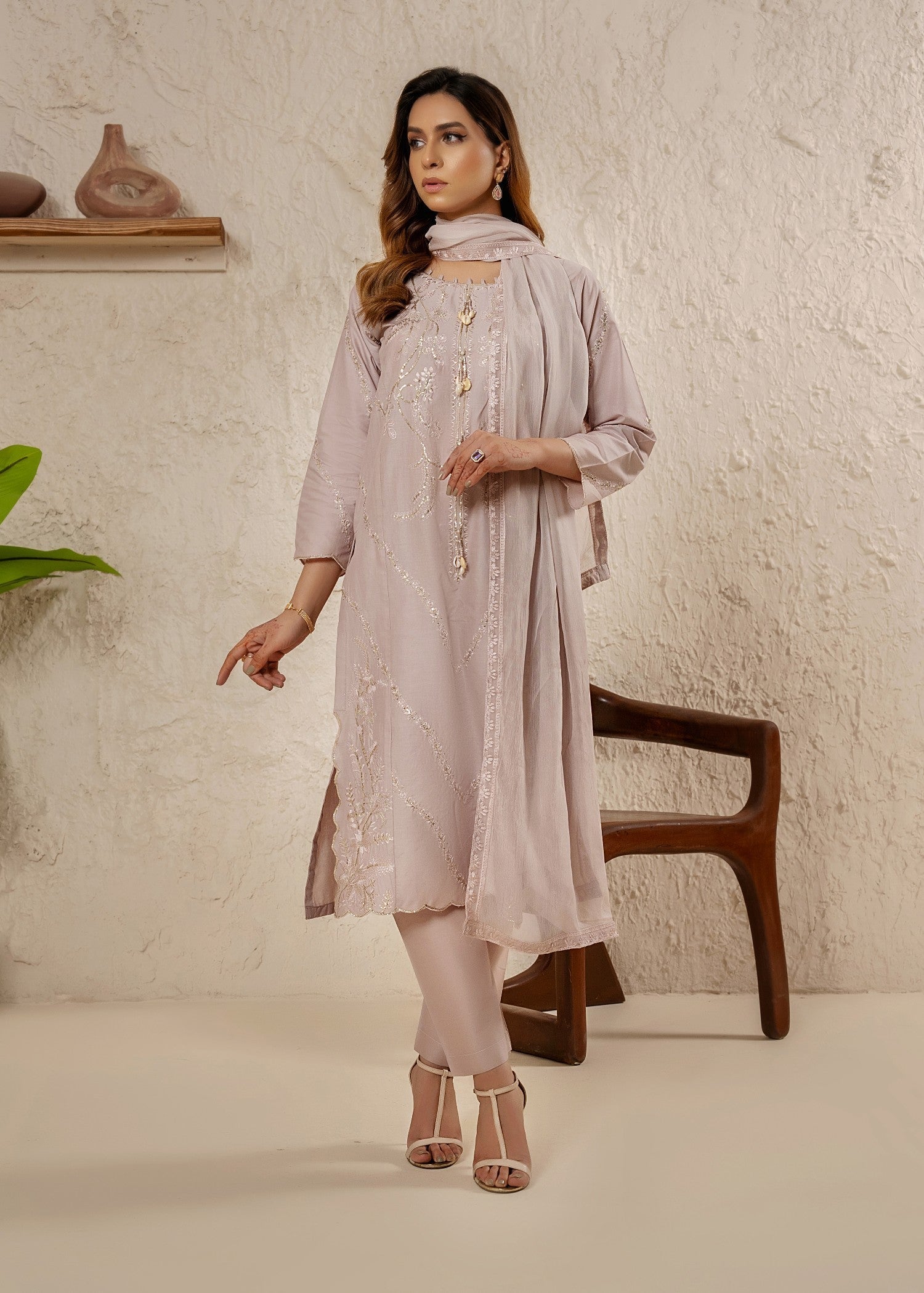 Khubsurat 4040 KH CT Lilac Embroidery Long Shirt Coton Women 3pcs
