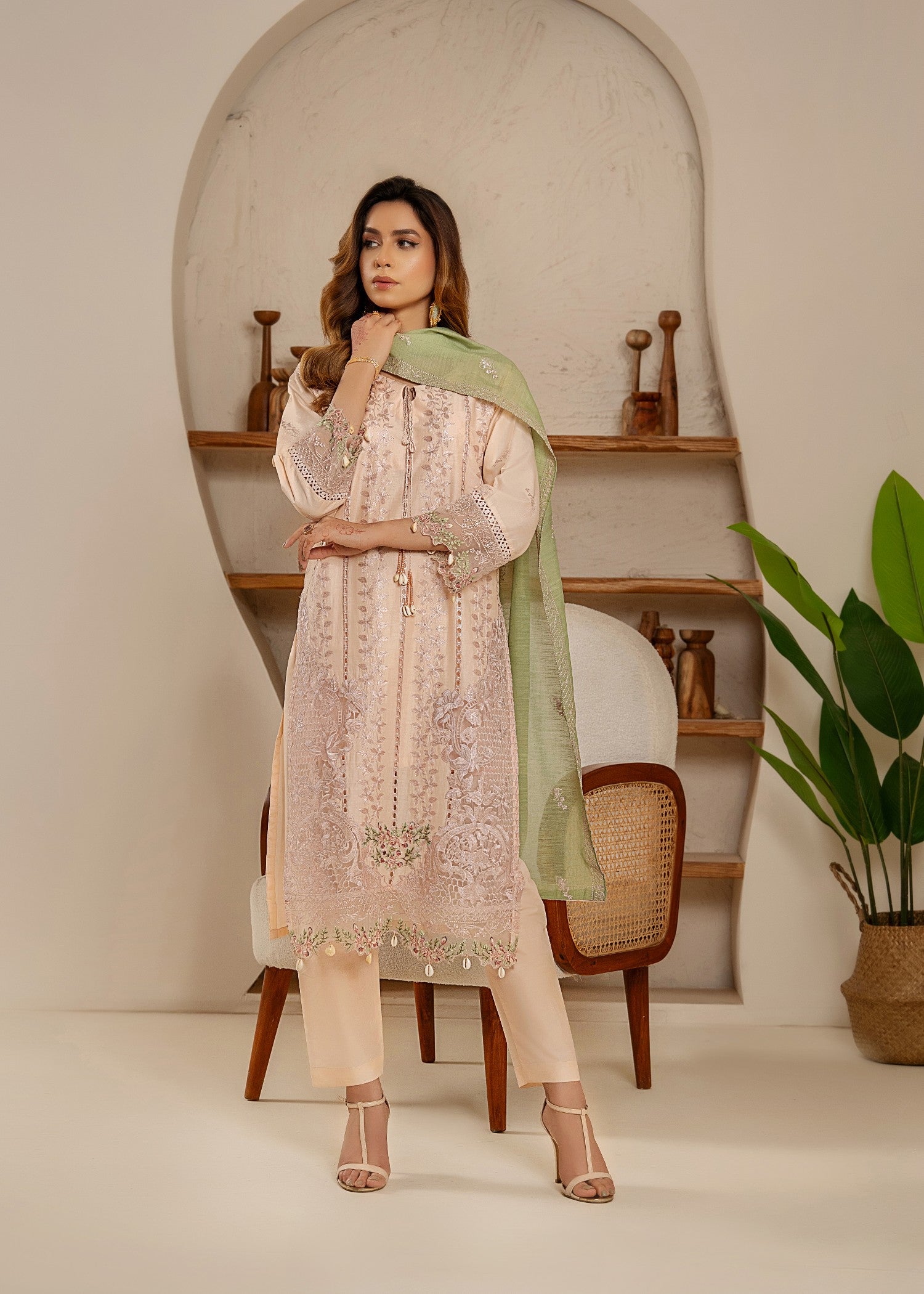 Khubsurat 4114 KH CT Peach Embroidery Long Shirt Cotton Women 3pcs