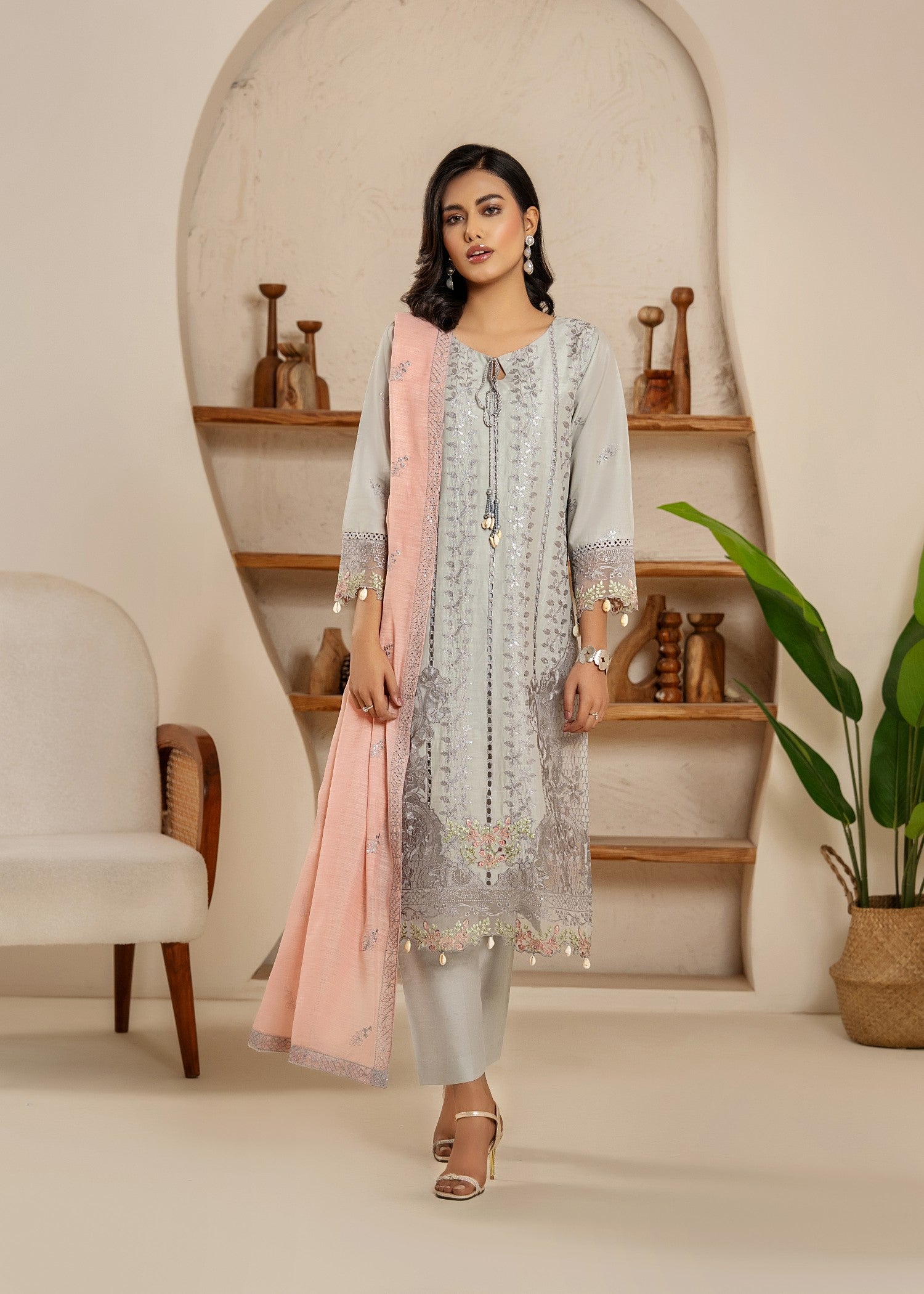 Khubsurat 4114 KH CT Silver Gray Embroidery Long Shirt Cotton Women 3pcs