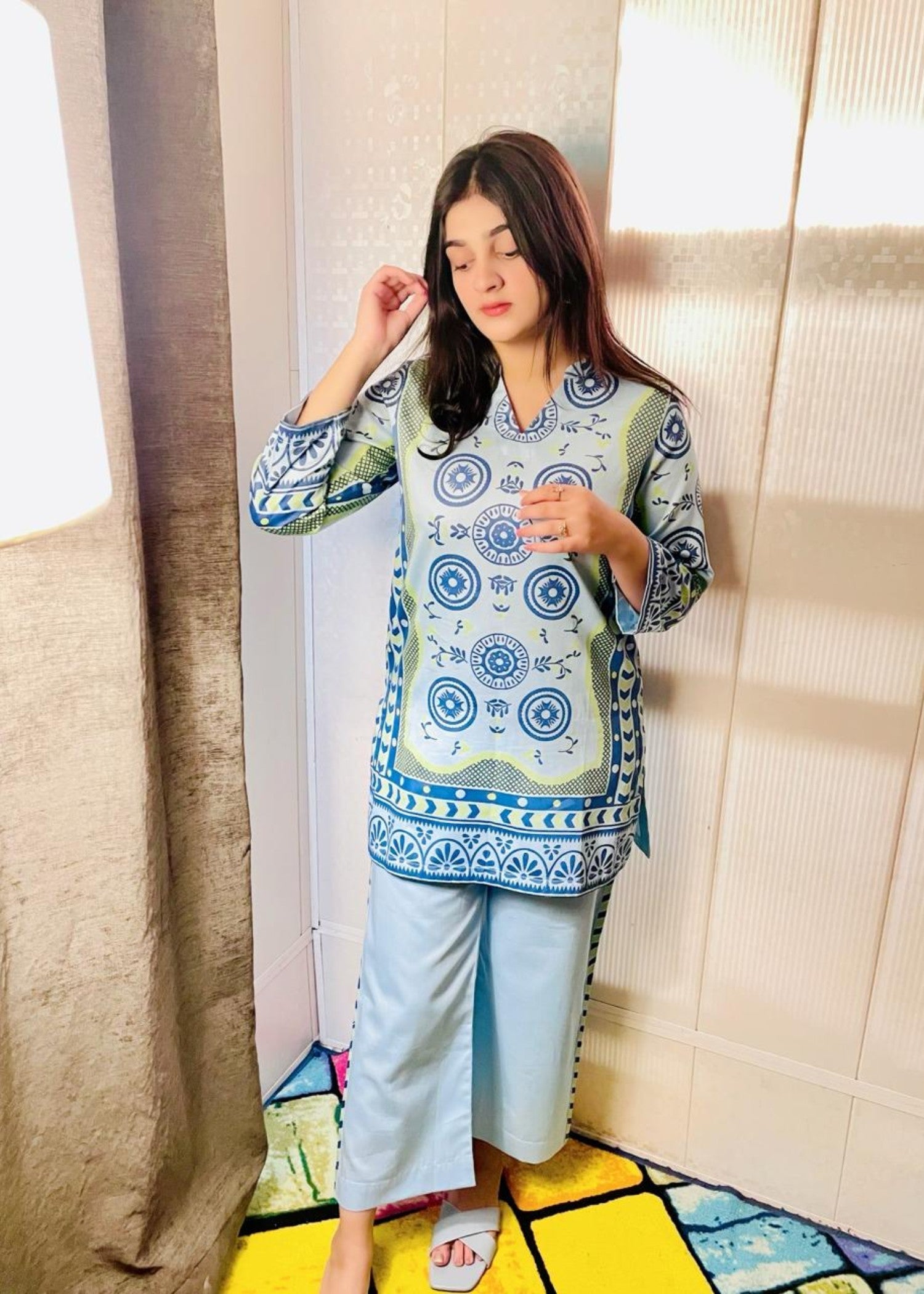 Urban Cut Cotton Printed Co Ord Set Blue Women 2pcs