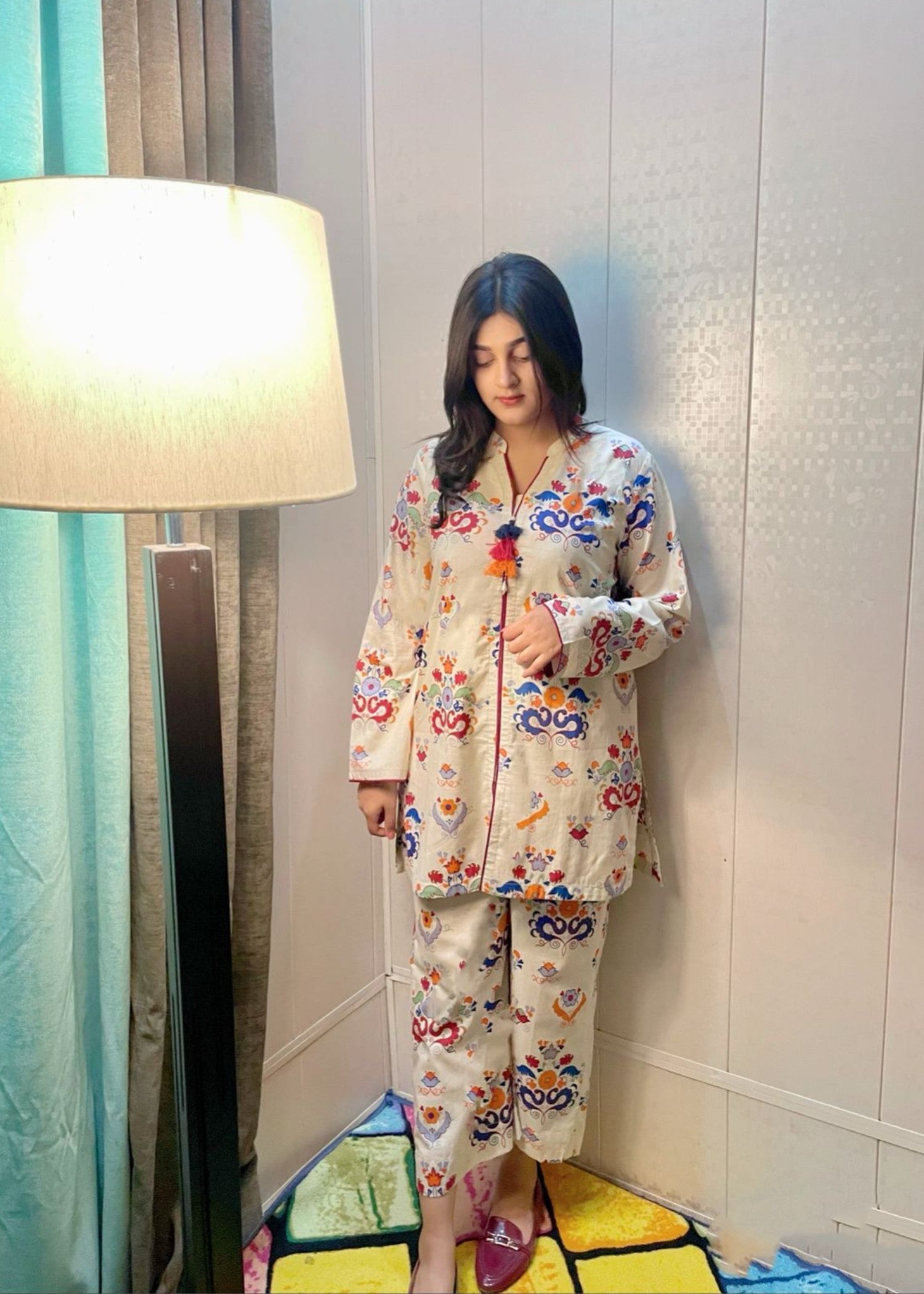 Urban Cut Cotton Printed Co Ord Set Cream Women 2pcs