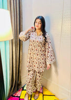Urban Cut Cotton Printed Co Ord Set Lace Work Cream Women 2pcs