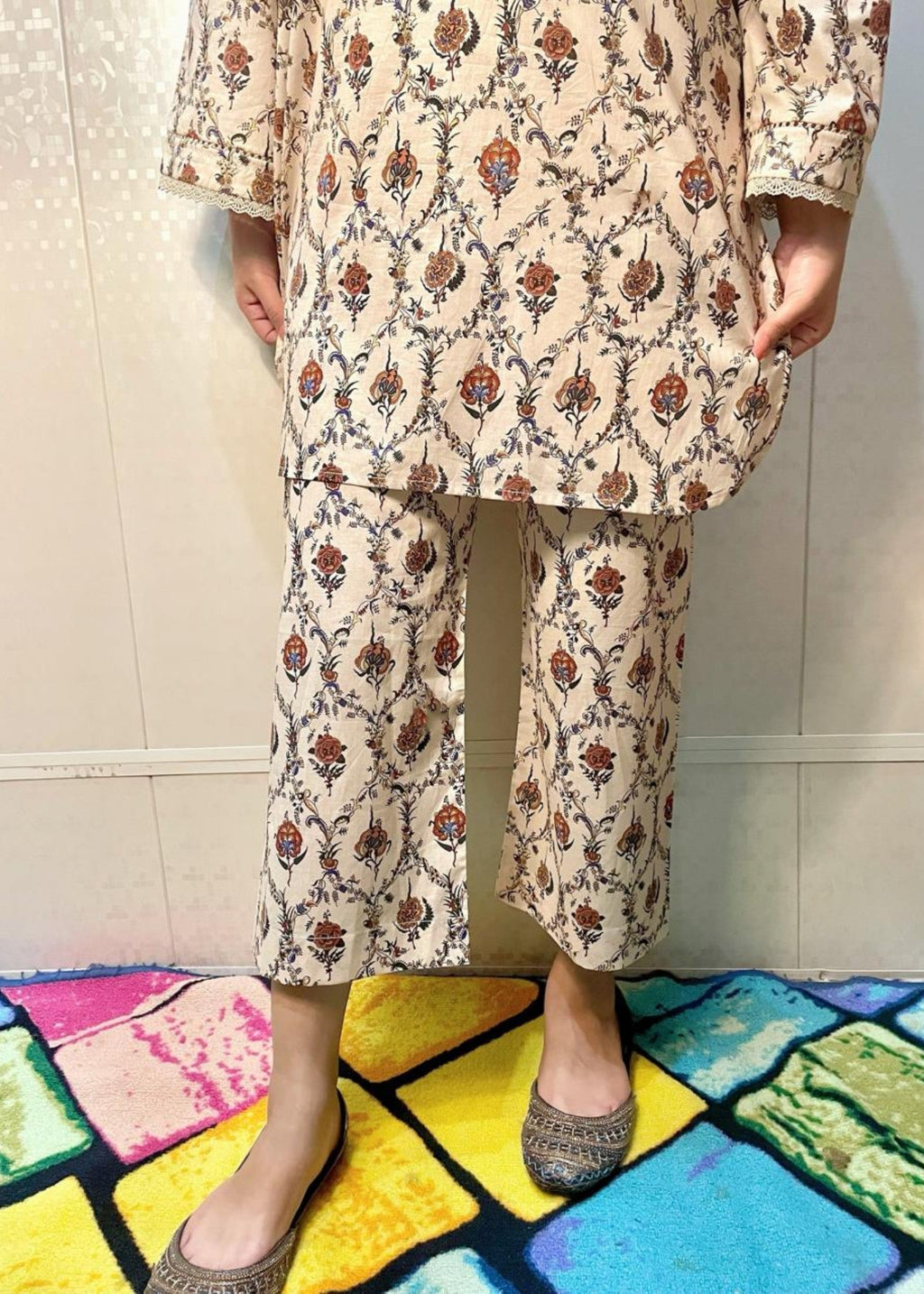 Urban Cut Cotton Printed Co Ord Set Lace Work Cream Women 2pcs