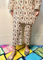 Urban Cut Cotton Printed Co Ord Set Lace Work Cream Women 2pcs