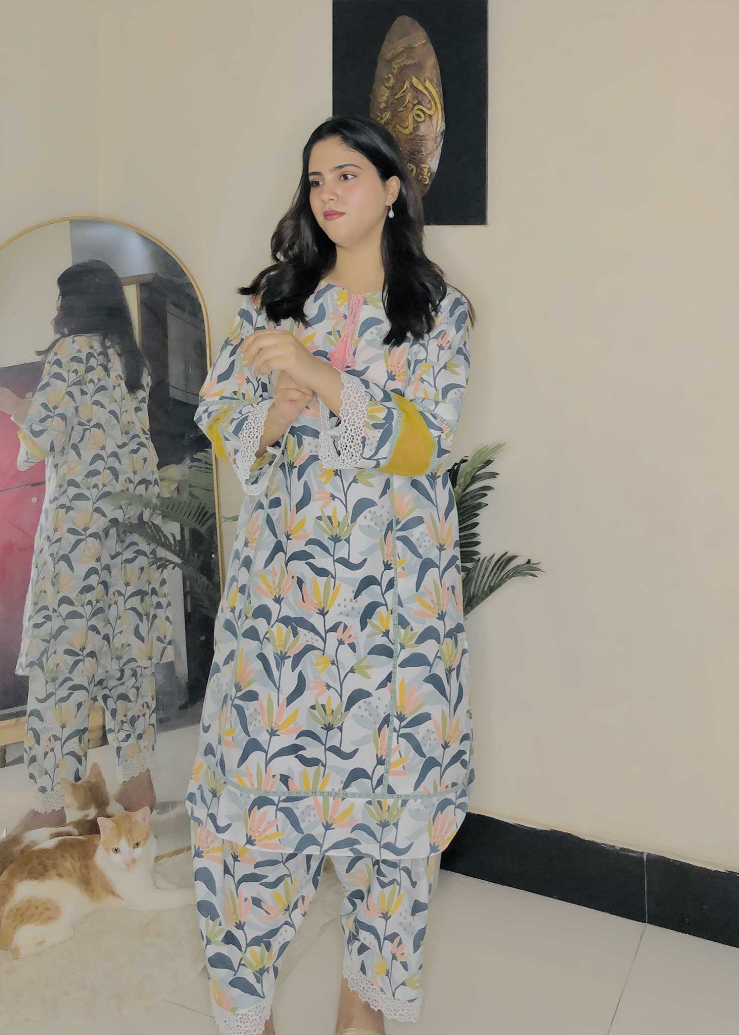 Urban Cut Cotton Printed Suit Green / White Women 2pcs