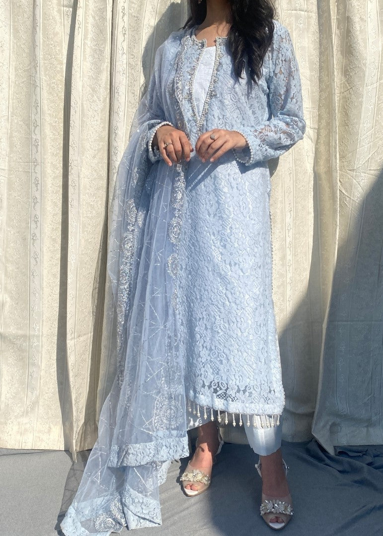 Haya'S Creation Hand worked Light Blue Raw Silk Dress Women 3pcs