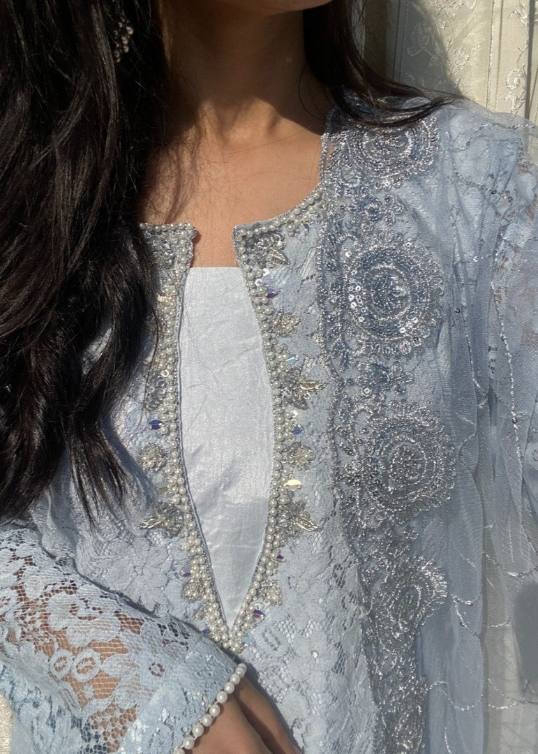 Haya'S Creation Hand worked Light Blue Raw Silk Dress Women 3pcs