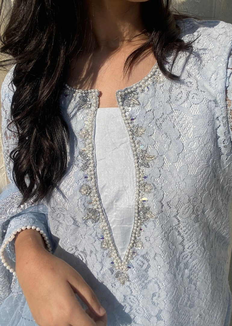 Haya'S Creation Hand worked Light Blue Raw Silk Dress Women 3pcs