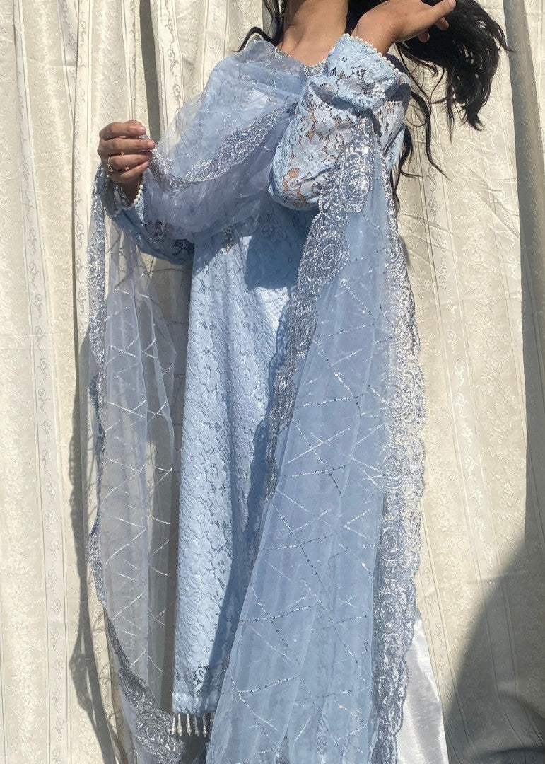 Haya'S Creation Hand worked Light Blue Raw Silk Dress Women 3pcs