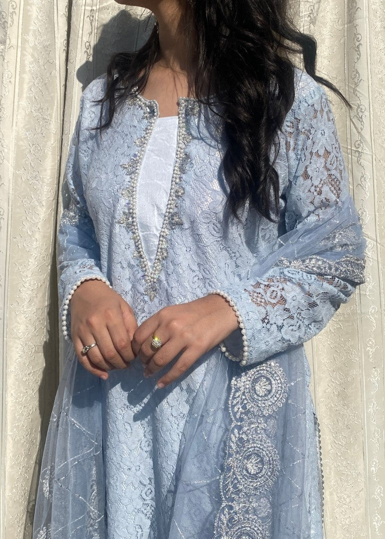 Haya'S Creation Hand worked Light Blue Raw Silk Dress Women 3pcs