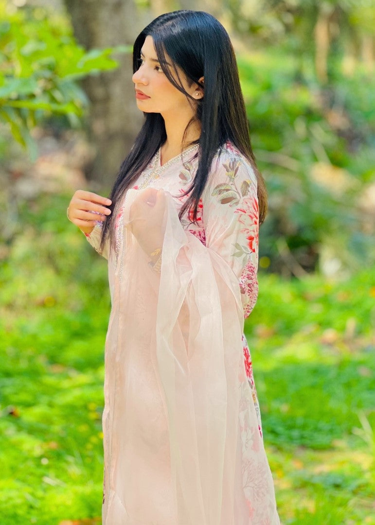 Haya'S Creation Bead worked Pink Printed Chiffon Dress Women 3pcs