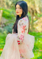 Haya'S Creation Bead worked Pink Printed Chiffon Dress Women 3pcs