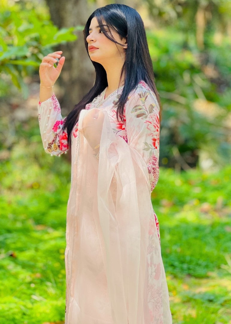 Haya'S Creation Bead worked Pink Printed Chiffon Dress Women 3pcs