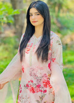 Haya'S Creation Bead worked Pink Printed Chiffon Dress Women 3pcs