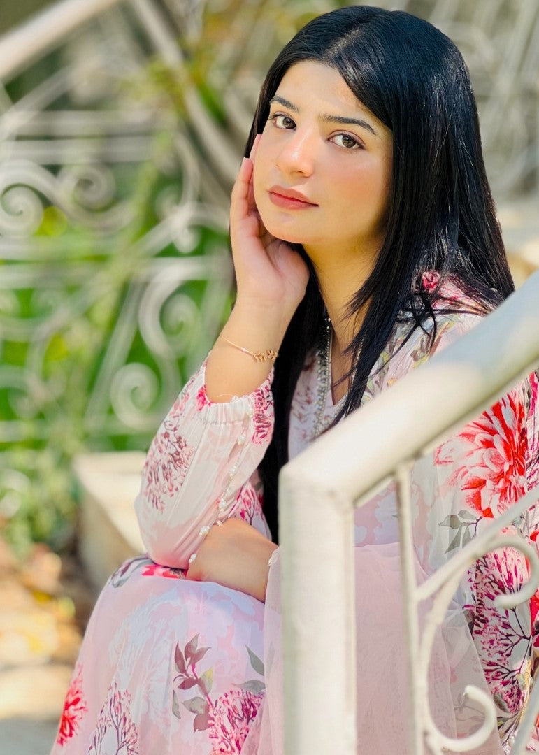 Haya'S Creation Bead worked Pink Printed Chiffon Dress Women 3pcs