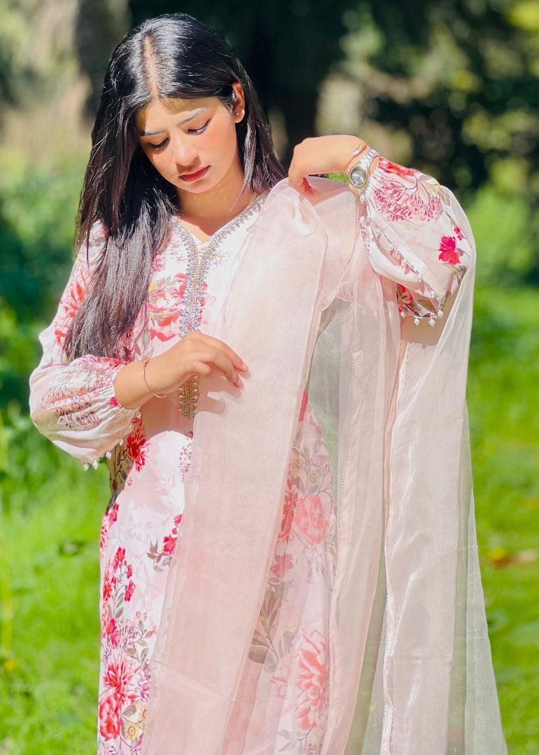 Haya'S Creation Bead worked Pink Printed Chiffon Dress Women 3pcs