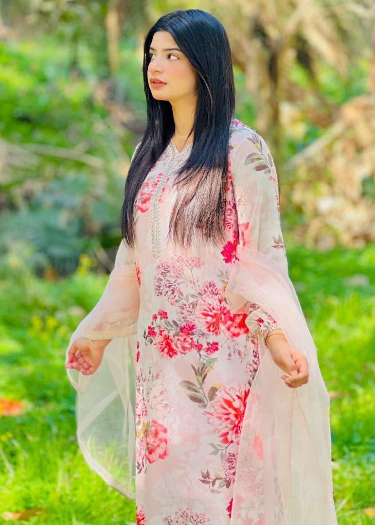 Haya'S Creation Bead worked Pink Printed Chiffon Dress Women 3pcs