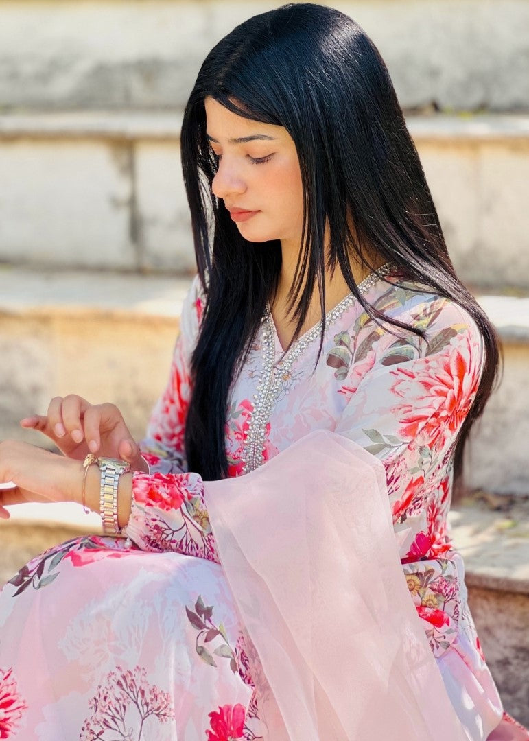 Haya'S Creation Bead worked Pink Printed Chiffon Dress Women 3pcs