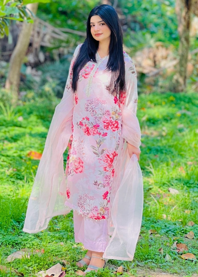 Haya'S Creation Bead worked Pink Printed Chiffon Dress Women 3pcs