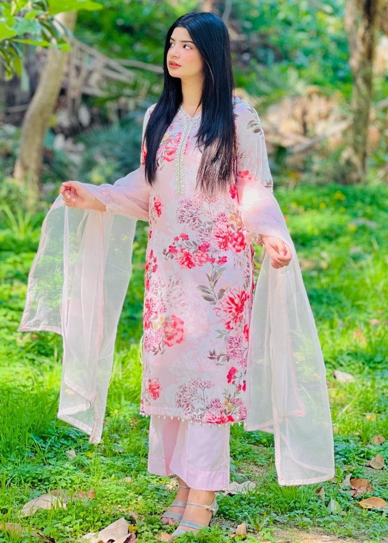 Haya'S Creation Bead worked Pink Printed Chiffon Dress Women 3pcs
